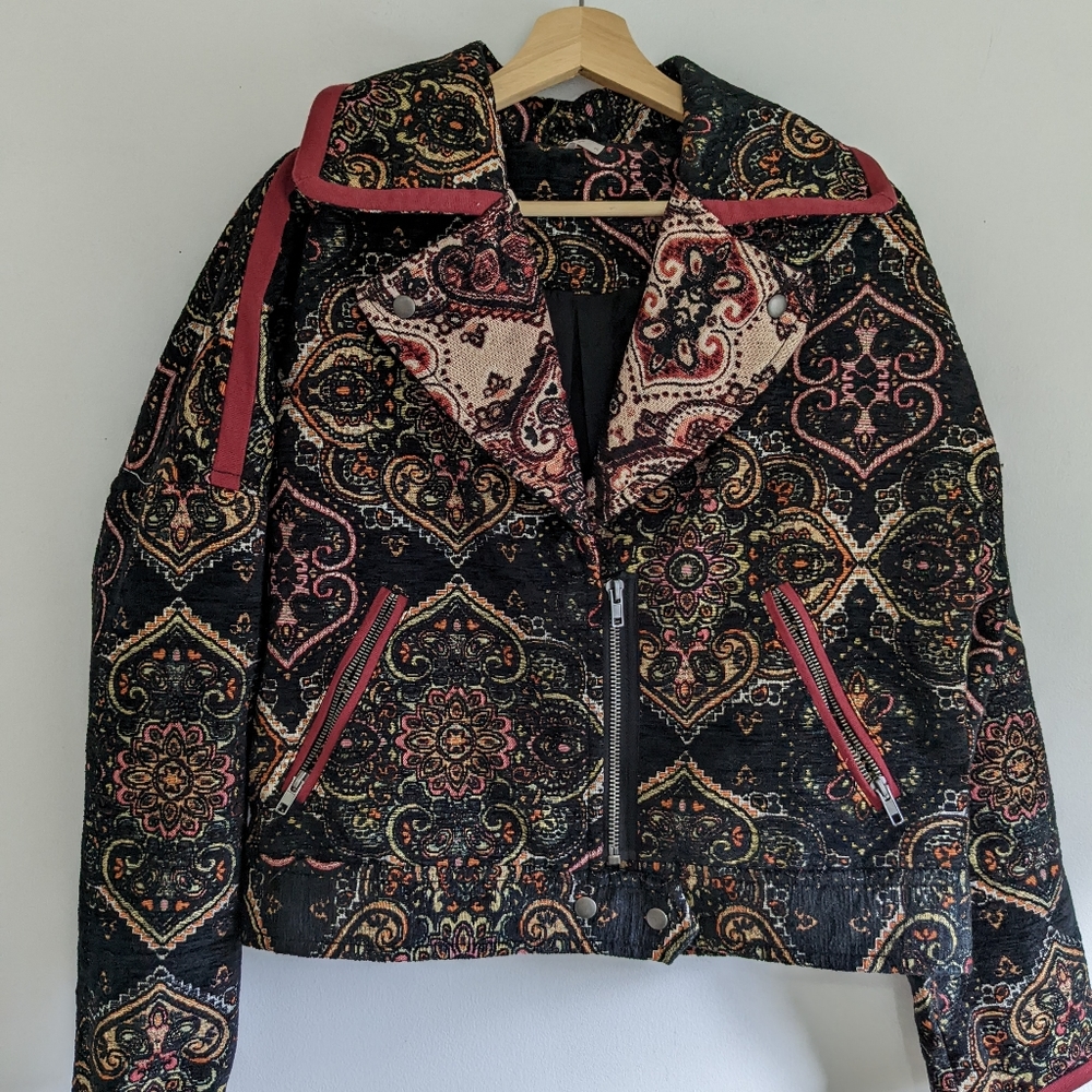 Free People Black Multicolor Patterned Biker Jacket with Pink Trim